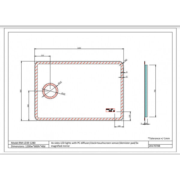 900-1500*800*40mm Sima Frameless Glass Copper-free Rectangle with Clock & Temperature LED Mirror
