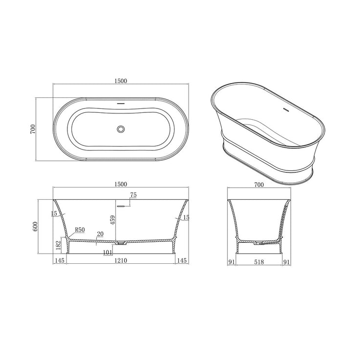 1500-1700*700*680mm Poseidon Harrington Matt White Oval Solid Surface Stone With Overflow Freestanding Bathtub