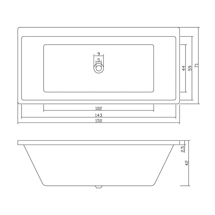 1500-1700*750*420mm Poseidon Dunton Gloss White Rectangle Acrylic Drop In Bathtub