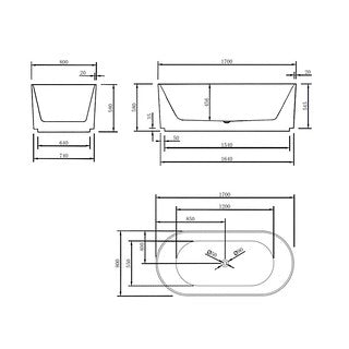 1500-1700*800*580mm Poseidon Brighton Matt Black Oval Acrylic Fluted Freestanding Bathtub