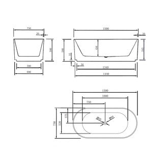 1500-1700*800*580mm Poseidon Brighton Matt Black Oval Acrylic Fluted Freestanding Bathtub