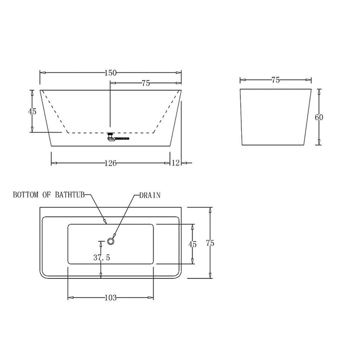 1500-1700*780*600mm Cee Jay Matt White Rectangle Acrylic Back To Wall Bathtub - HD reno