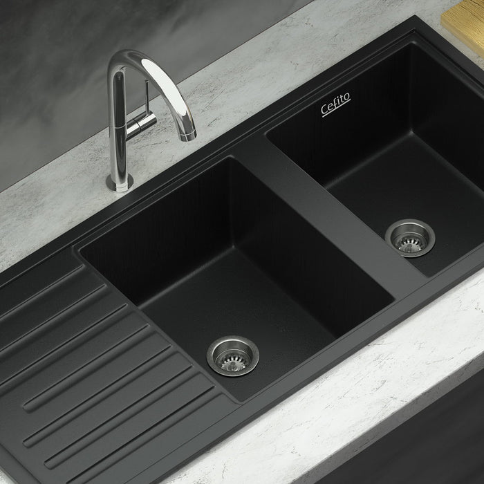 1160*490*240mm Hunter Gun Metal Black Granite Stone Basin Double Bowl With Drainer Kitchen Sink