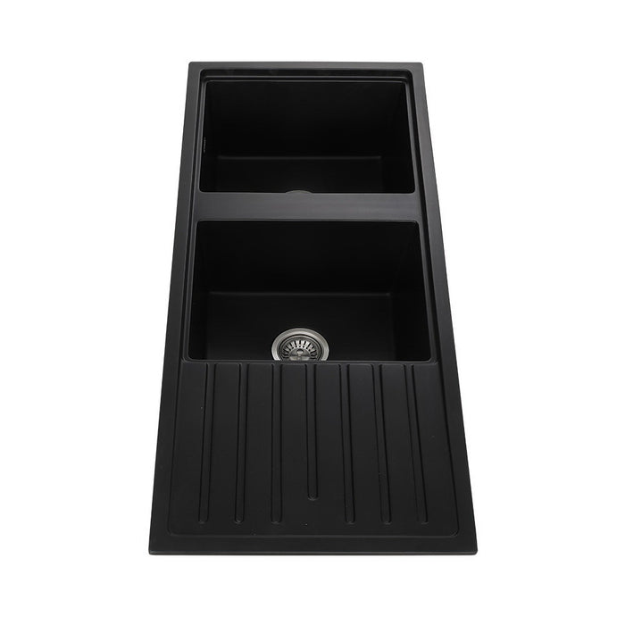 1160*490*240mm Hunter Gun Metal Black Granite Stone Basin Double Bowl With Drainer Kitchen Sink