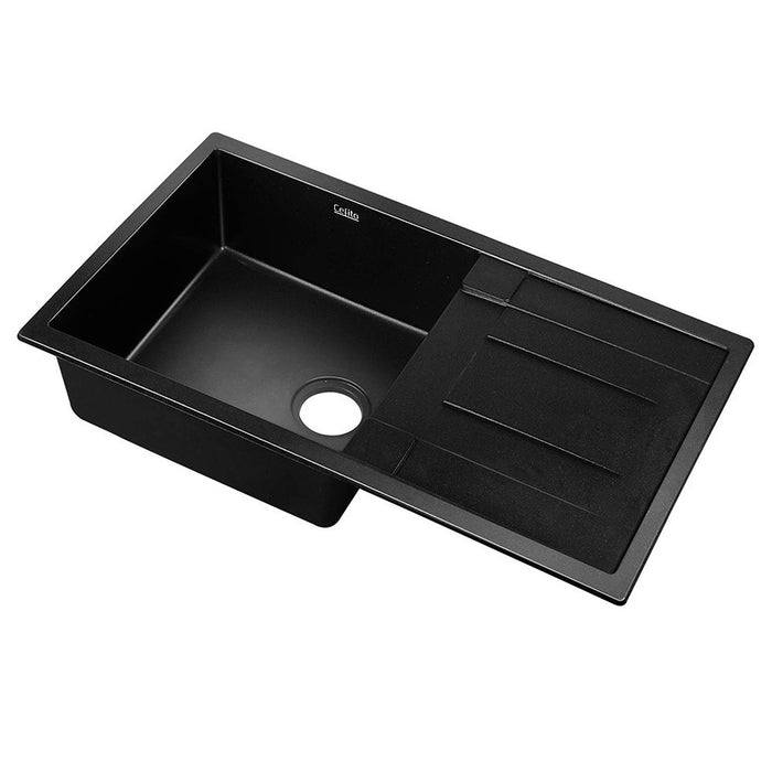 860*500*205mm Hunter Gun Metal Black Granite Stone Under/Topmount With Drainer Basin Single Bowl Laundry Kitchen Sink
