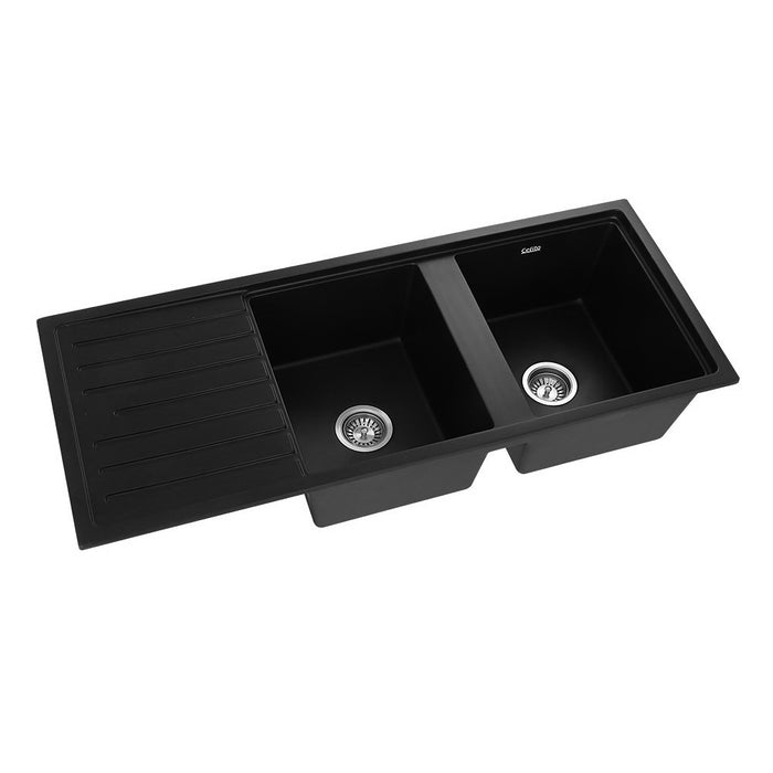 1160*490*240mm Hunter Gun Metal Black Granite Stone Basin Double Bowl With Drainer Kitchen Sink