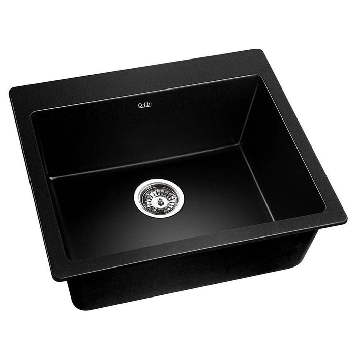 570*500*225mm Hunter Gun Metal Black Granite Stone Under/Topmount Basin Single Bowl Laundry Kitchen Sink