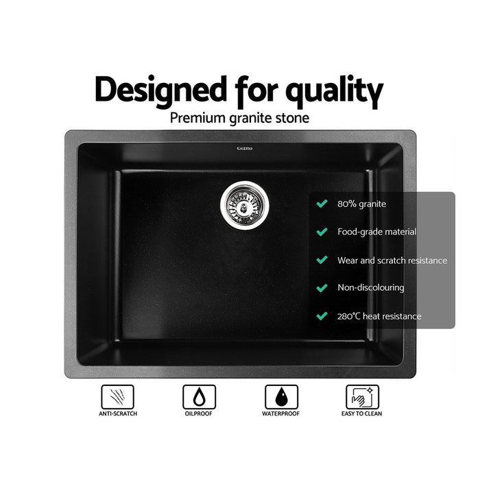 610*470*200mm Hunter Gun Metal Black Granite Stone Under/Topmount Basin Single Bowl Kitchen Sink