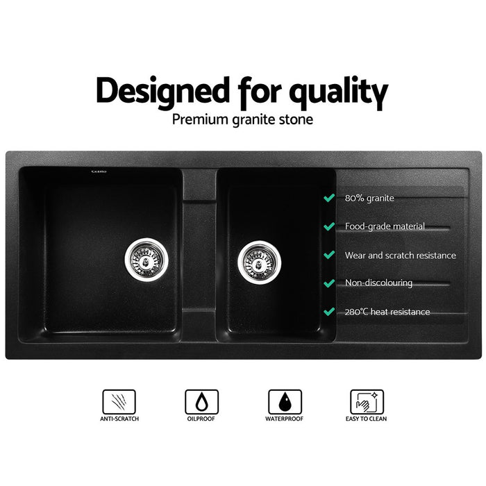 1160*490*240mm Hunter Gun Metal Black Granite Stone With Drainer Under/Topmount Basin Double Bowl Kitchen Sink