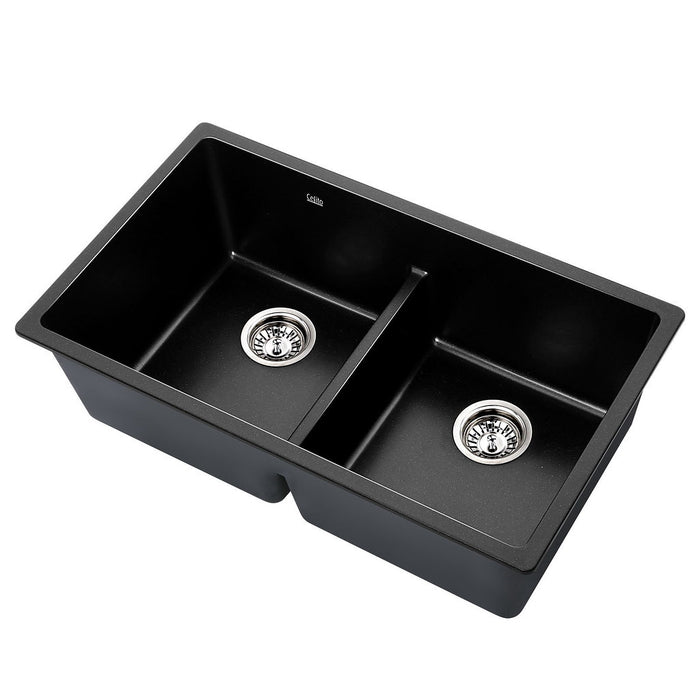 790*460*250mm Hunter Gun Metal Black Granite Stone Under/Topmount Basin Double Bowl Kitchen Sink