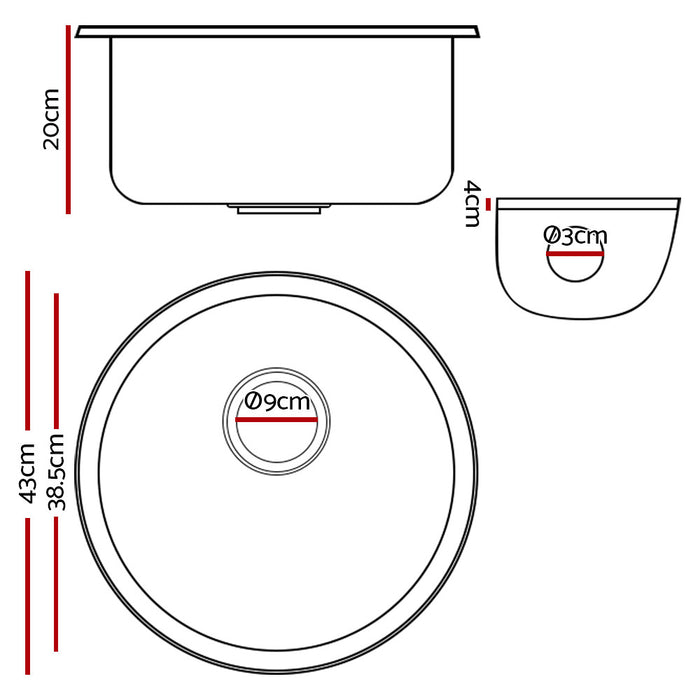 430*200mm Hunter Gun Metal Black Granite Under/Topmount Round Basin Single Bowl Laundry Kitchen Sink