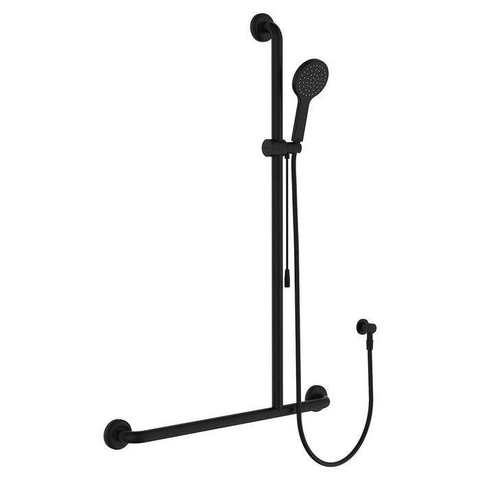 Fienza Matt Black Hustle Care Left/Right Hand Inverted T Rail Shower With Push/Pull Slider