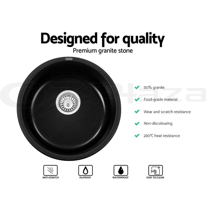 430*200mm Hunter Gun Metal Black Granite Under/Topmount Round Basin Single Bowl Laundry Kitchen Sink