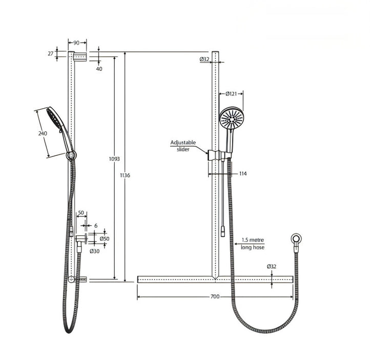 Fienza Care Round Inverted T Rail Shower With Push/Pull Slider
