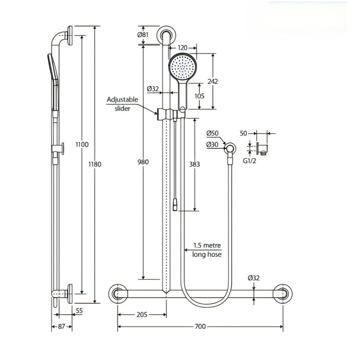 Fienza Chrome Luciana Care Left/Right Hand Inverted T Rail Shower With Push/Pull Slider