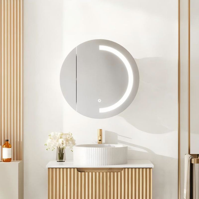 600-750*750*4mm Mercio Athena Matt White Glass Copper-Free PVC Round Single Door LED Shaving Cabinet