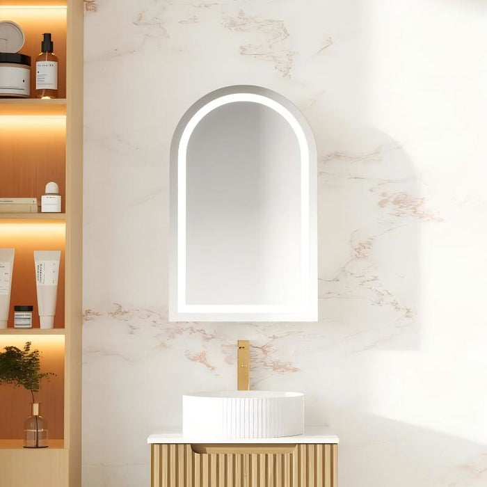 500*900*4mm Mercio Athena Matt White PVC Copper-free Glass Arch Single Door LED Shaving Cabinet