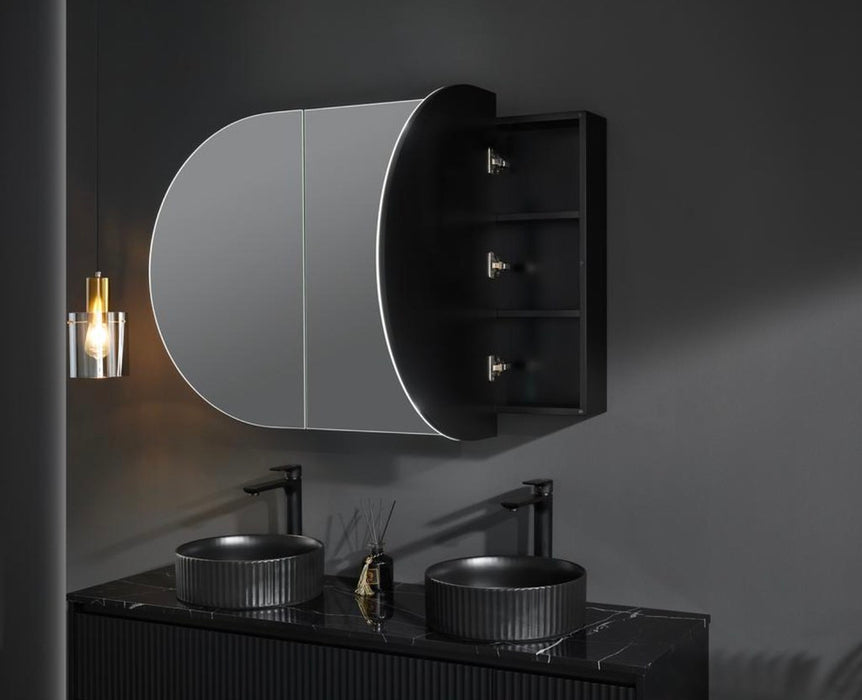 900-1500*600*150mm Poseidon Olivia Oval Matt Black/Matt White Copper-free Polyurethane Double Door Mirror Shaving Cabinet