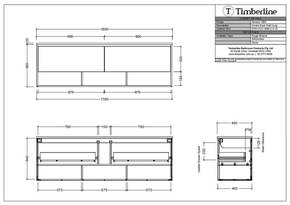 600-1800*460*580mm Timberline KANSAS Wall Hung Vanity
