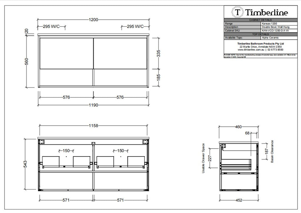 600-1800*460*580mm Timberline KANSAS Wall Hung Vanity