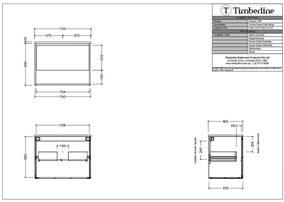 600-1800*460*580mm Timberline KANSAS Wall Hung Vanity