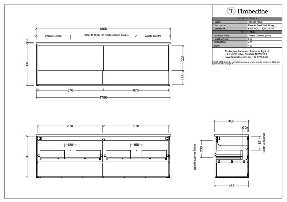 600-1800*460*580mm Timberline KANSAS Wall Hung Vanity