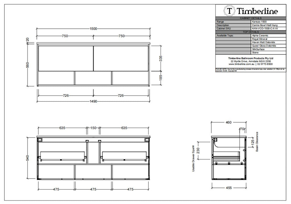 600-1800*460*580mm Timberline KANSAS Wall Hung Vanity