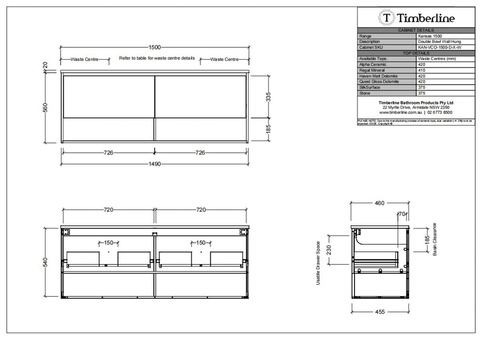 600-1800*460*580mm Timberline KANSAS Wall Hung Vanity