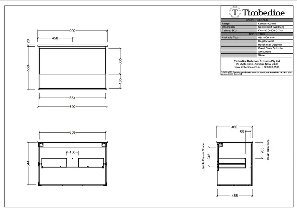600-1800*460*580mm Timberline KANSAS Wall Hung Vanity
