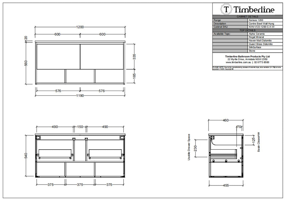600-1800*460*580mm Timberline KANSAS Wall Hung Vanity