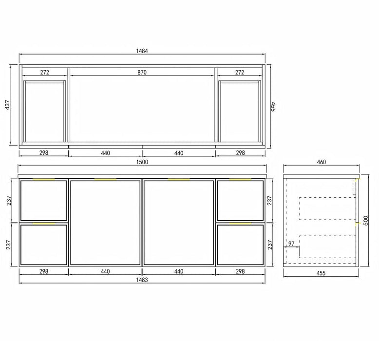 600-1500*455*480mm Poseidon CETO Miami Matt White PVC Wall Hung Bathroom Vanity Cabinet