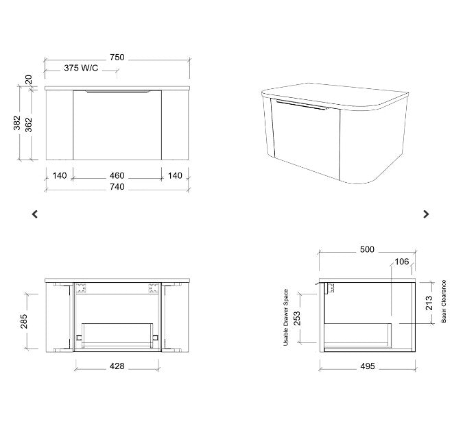 750-1800*500*380mm Timberline Santos Wall Hung Vanity
