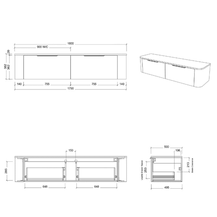750-1800*500*380mm Timberline Santos Wall Hung Vanity