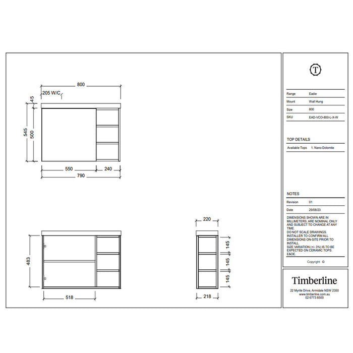 800*220*545mm Timberline EADIE Space Saving Single Bowl Wall Hung Vanity