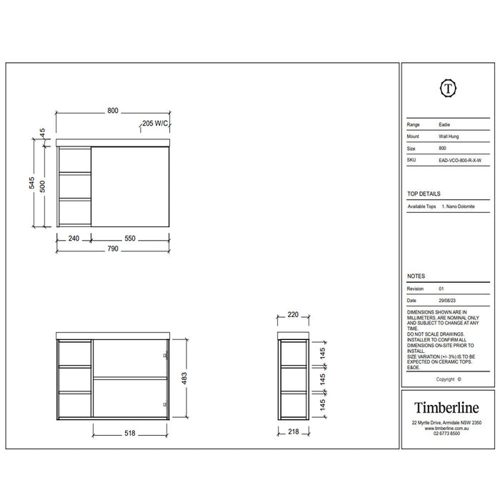 800*220*545mm Timberline EADIE Space Saving Single Bowl Wall Hung Vanity