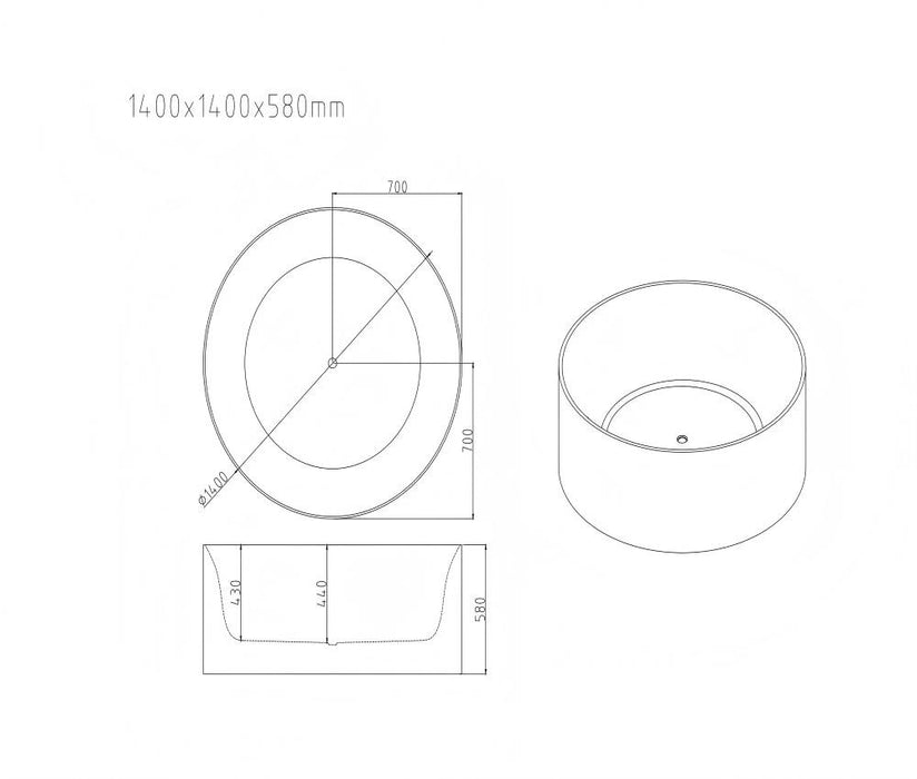 1400*1400*580mm MER Cole Gloss White Acrylic Round Freestanding Baths