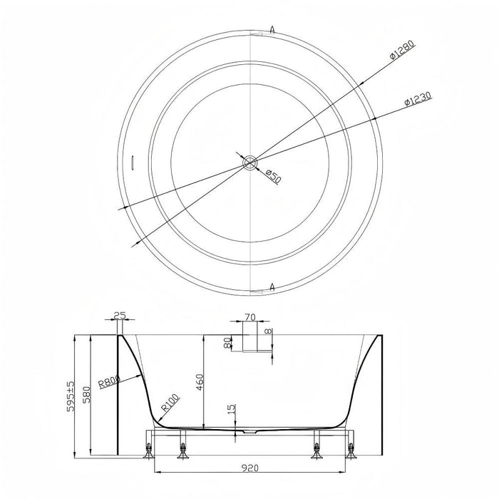 1280*1280*595mm POS Como Groove Fluted Matt/Gloss White Acrylic Round Freestanding Bath