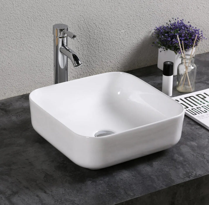 385*385*140mm Square Gloss White Ceramic Above Counter Basin