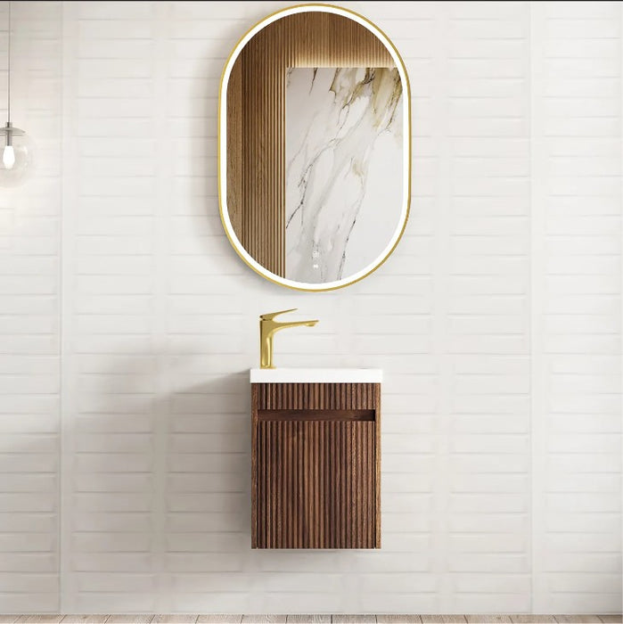 410*540*260mm OTTI Mini Ensuite Timbergrain High Moisture Resistant Plywood Ceramic Top Sable Walnut Fluted Wall Hung Vanity