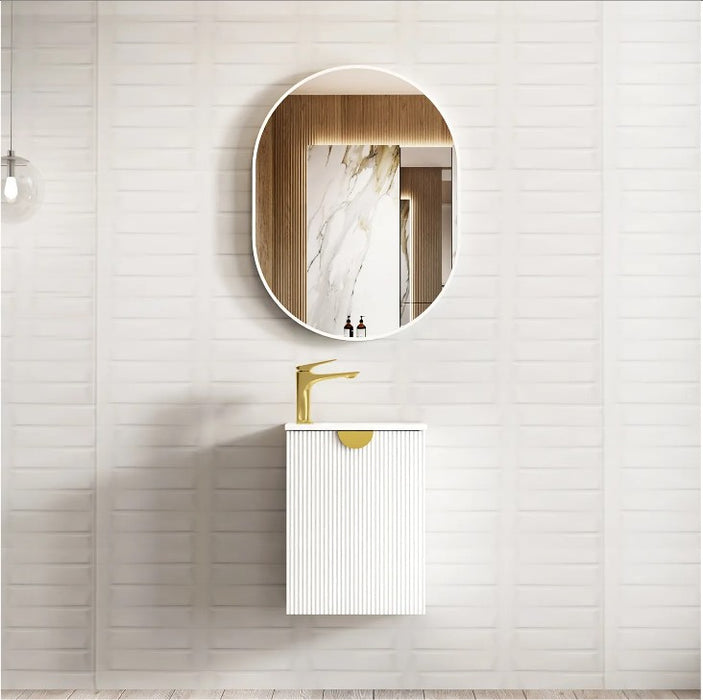 410*540*260mm OTTI Mini Ensuite Timbergrain High Moisture Resistant Plywood Ceramic Top Matt White Fluted Wall Hung Vanity