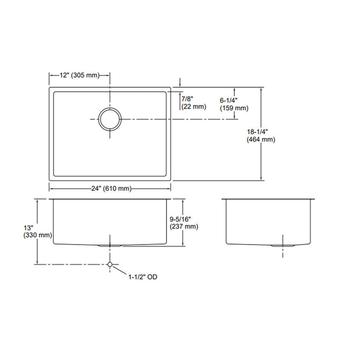 610*465*235mm Kohler Strive Stainless Steel Square Single Bowl Undermount Kitchen Sink