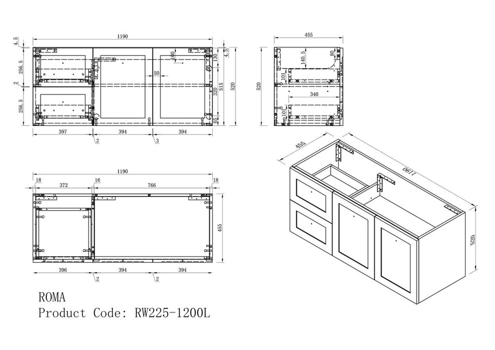 600-1500*460*540mm ROMA Hampton White Wall Hung Vanity