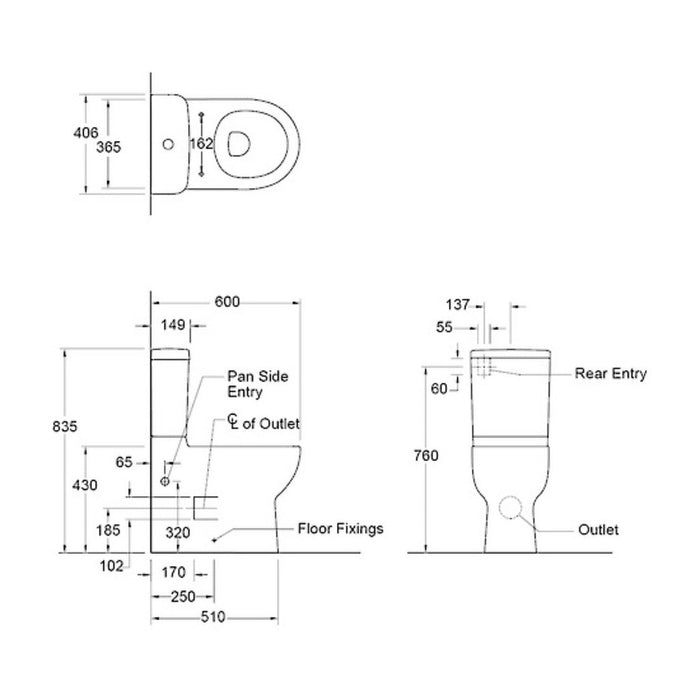 600*406*835mm Kohler Reach White Rear Or Side Entry Back To Wall Toilets