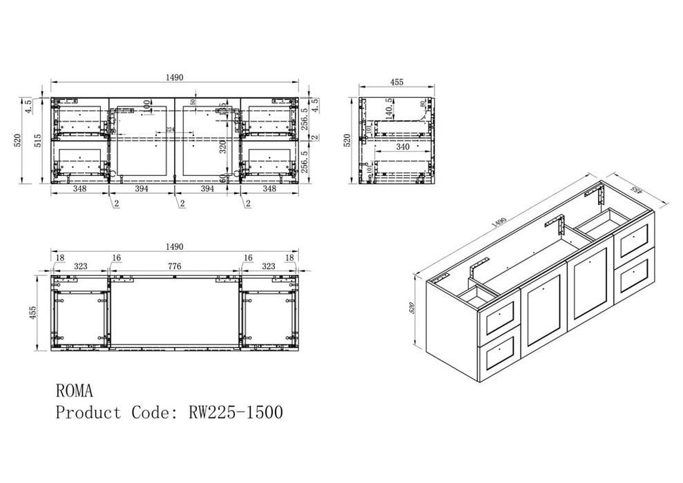 600-1500*460*540mm ROMA Hampton White Wall Hung Vanity