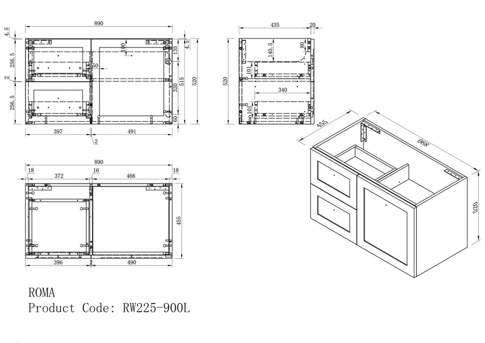 600-1500*460*540mm ROMA Hampton White Wall Hung Vanity