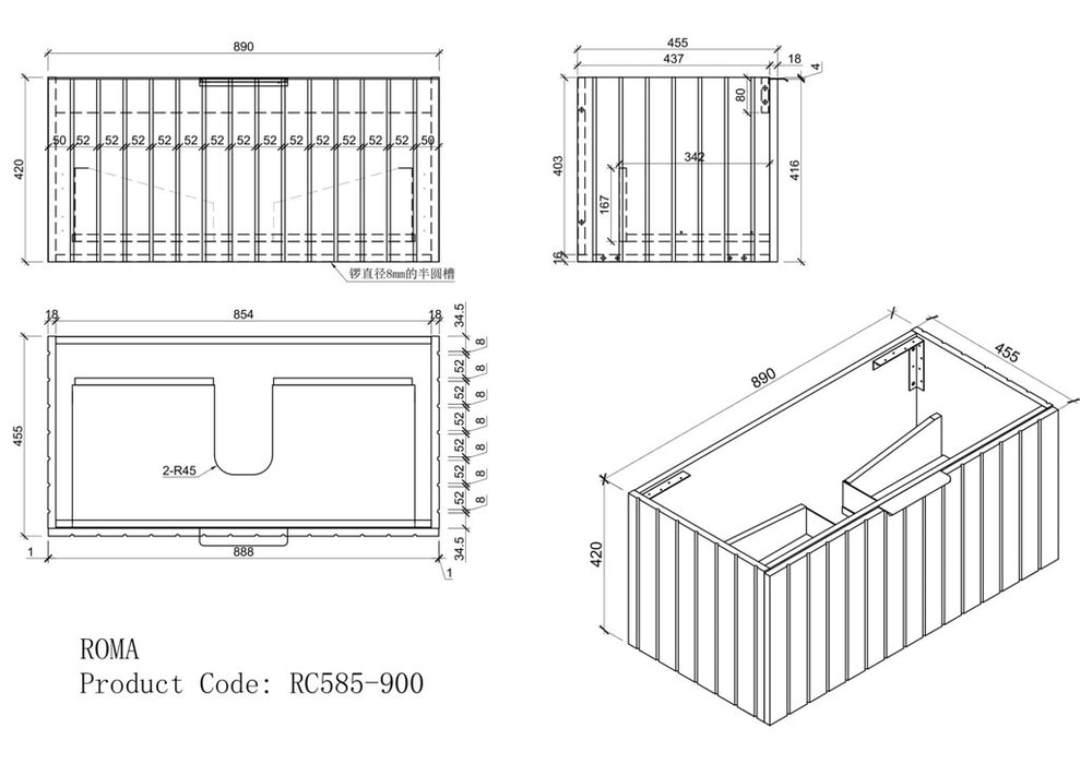 600-1200*460*420mm Roma RC580 Grey Linear Bathroom Cabinet Wall Hung Vanity