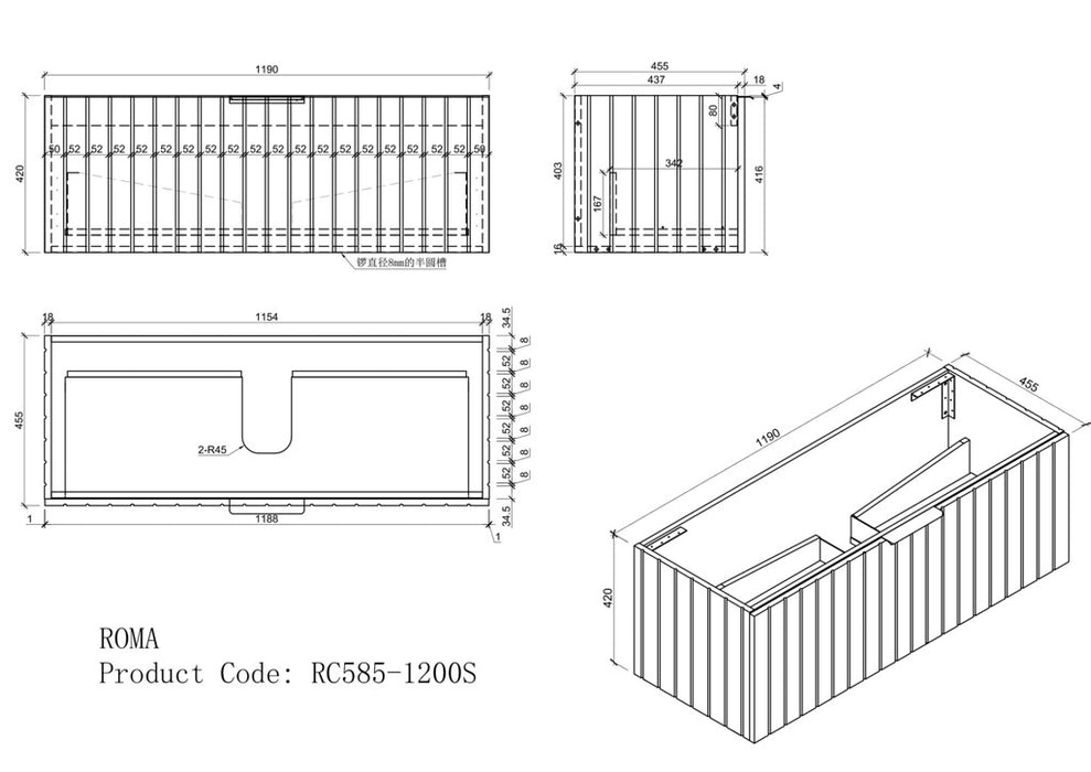 600-1200*460*420mm Roma RC580 Grey Linear Bathroom Cabinet Wall Hung Vanity