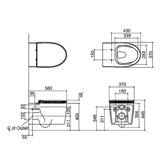 560*370*400mm Kohler Grande White Vitreous China Rim-free Wall Hung Toilet