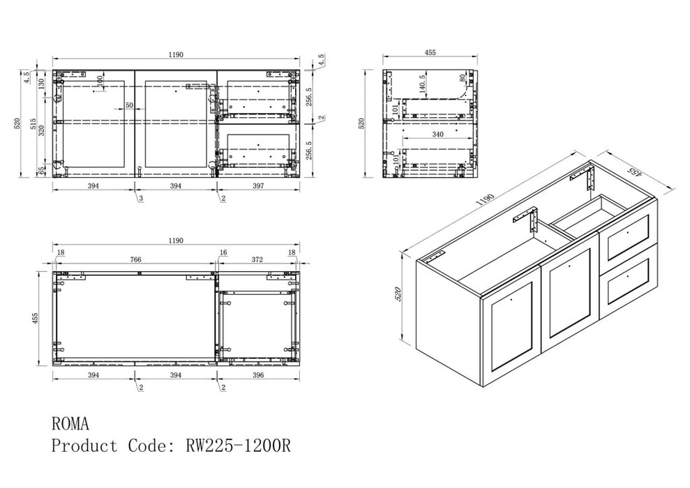 600-1500*460*540mm ROMA Hampton White Wall Hung Vanity