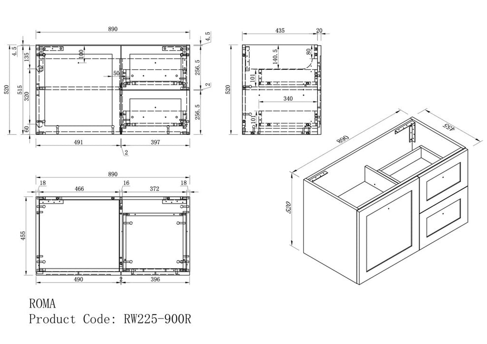 600-1500*460*540mm ROMA Hampton White Wall Hung Vanity
